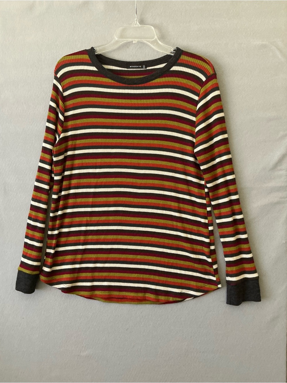 Staccato Women Micro Ribbed Knit Striped Long Sleeve Crewneck Pullover Top L